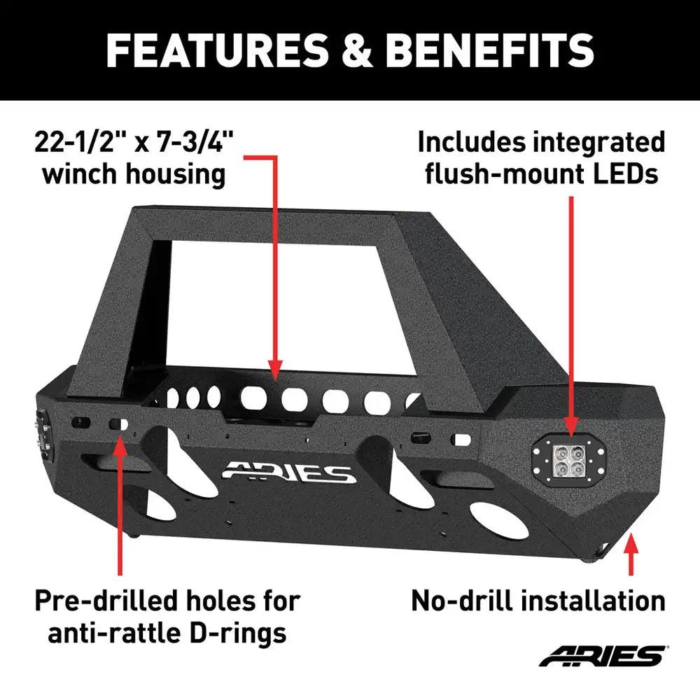 ARIES 2082095 TRAILCHASER JEEP WRANGLER 2018-2024 JL, GLADIATOR ALUMINUM FRONT BUMPER