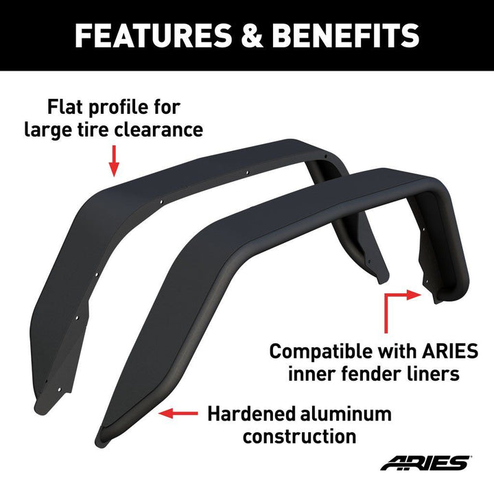 Aries 2500207 Rear Fender Flare Kit Fits 2020-Current Jeep Gladiator JT Black Aluminum