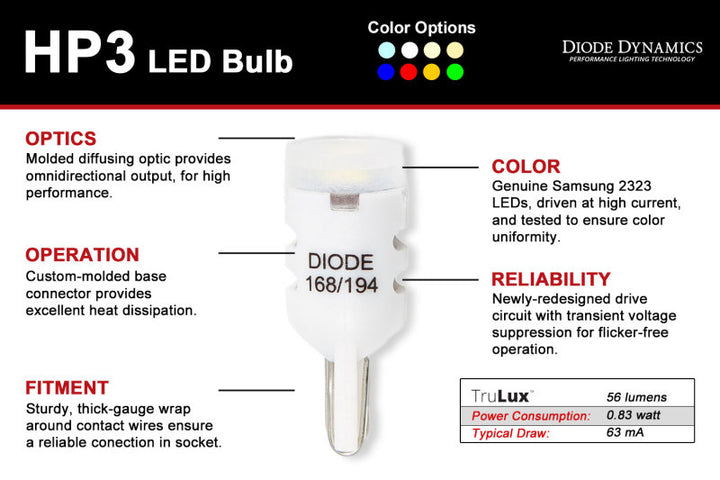 Diode Dynamics 194 LED Bulb HP3 LED Warm - White Short (Single)