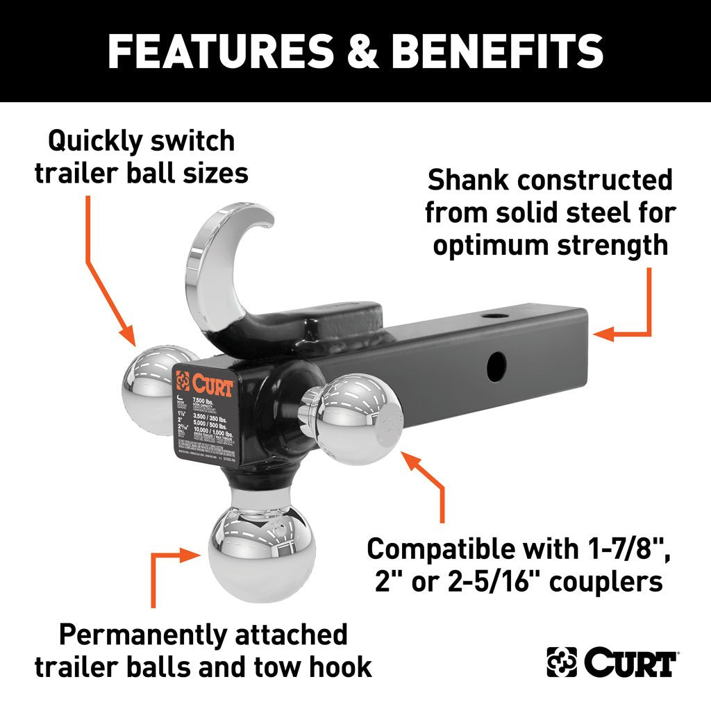 Curt 45675 Multi-Ball Mount With Hook 2 Inch Solid Shank