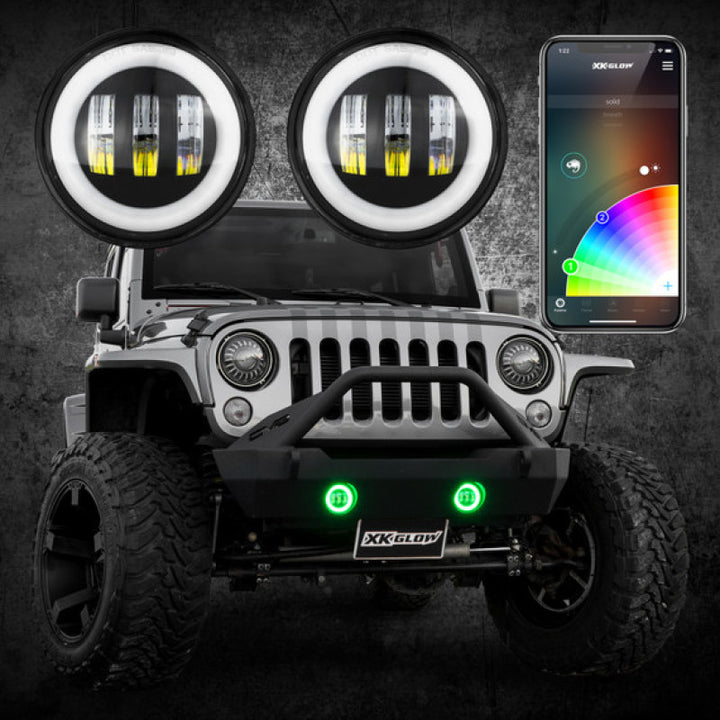 XK Glow 4In Black RGB LED Jeep Wrangler Fog Light XKchrome Bluetooth App Controlled Kit