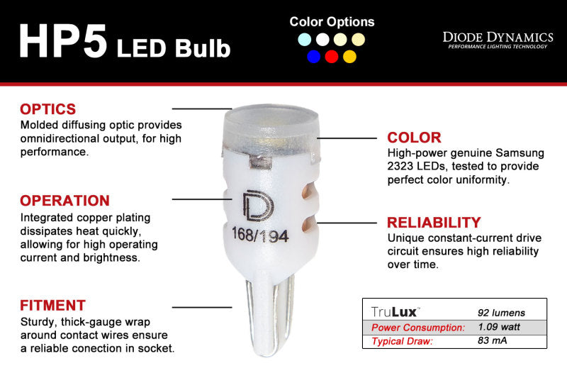 Diode Dynamics 194 LED Bulb HP5 LED Pure - White Short (Pair)