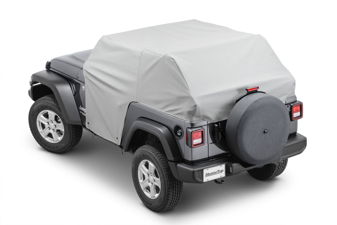 MasterTop 11111509 Full Door Cab Cover 2018-Current Jeep JL Wrangler 2 Door with factory Soft Top folded down Gray Denim