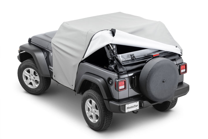 MasterTop 11111509 Full Door Cab Cover 2018-Current Jeep JL Wrangler 2 Door with factory Soft Top folded down Gray Denim