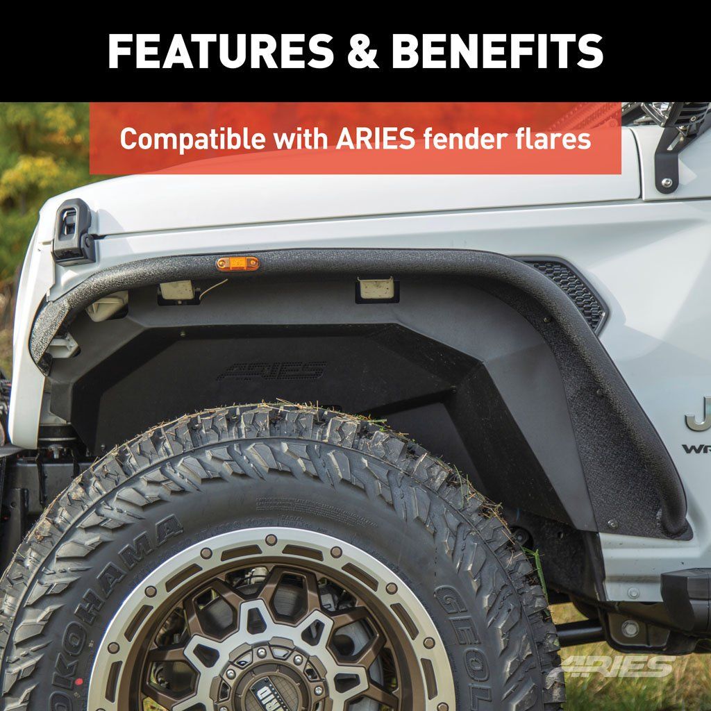 Aries 1500550 Front Inner Fender Liner Set Fits 2018-2022 Jeep Wrangler JL | JLU and Gladiator JT Black
